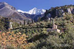 Church in Kardamili with Viros Gorge and Taygetos mountains beyond