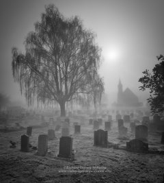 Atmospheric black and white photograph of cemetery