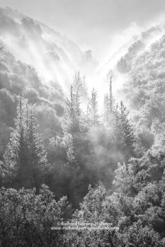 Ethereal black and white photograph of mist rising in the dramatic Rindomo Gorge in Greece